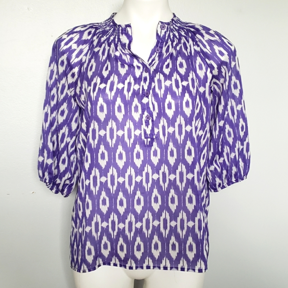 Aqua Purple and White Printed Peasant Blouse